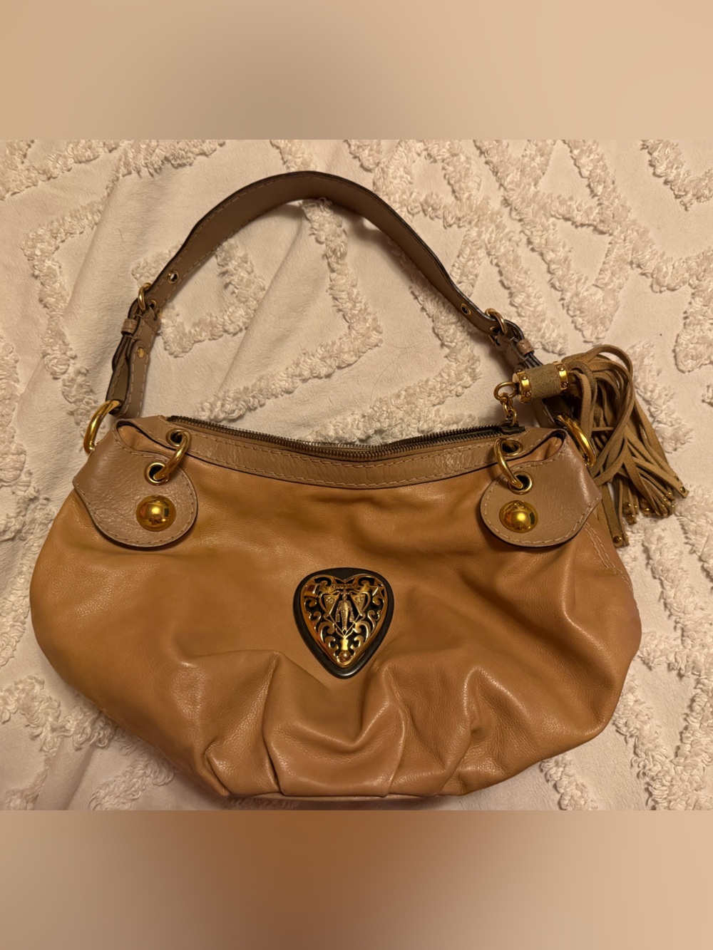 Vintage Gucci Brown Leather Shoulder Bag with Heart Medallion